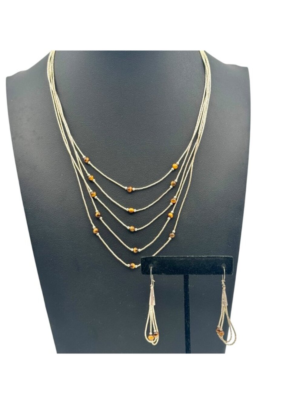 Multi-Strand Liquid Silver Necklace and Earrings Set 4mm Tiger's Eye - 20" - Picture 5 of 14